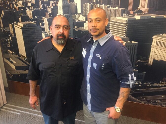 Jose Osuna (Left), External Affairs Director for Homeboy Industries with Homebody trainee Jermaine Smith at L.A. City Hall. 
