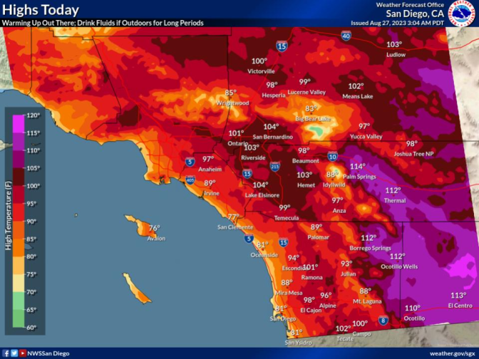 Deep reds and purples overlaid on a map of Southern California indicate high temperatures across the region.