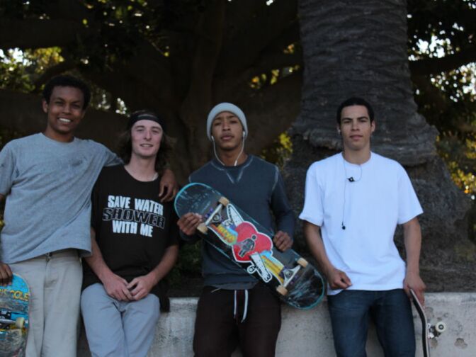 Left to right: Skaters Dylan Gallaher, 19, Joey Scalzo, 19, Nigel Dottin, 19, and Lafayette Andre Martin, 19, pose with their skateboards at Averill Park.