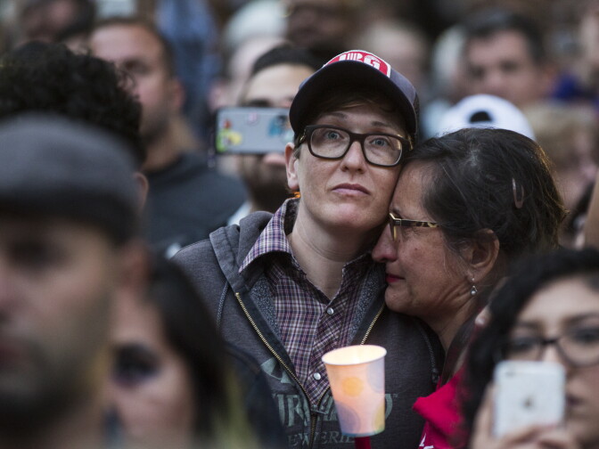Thousands attend a vigil on Monday, June 13, 2016 at Los Angeles City Hall memorializing those who died in Sunday's attack in Orlando.