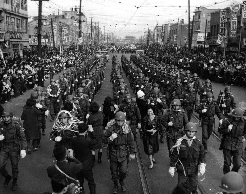 South Korean troops bound for Vietnam march in Seoul in the 1960s. South Korea, then ruled by a military leader, sent some 320,000 troops to fight alongside the U.S. in Vietnam, the largest contingent of any U.S. ally.