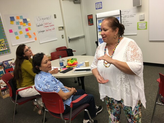 CSU Dominguez Hills Professor Lilia Sarmiento, right, helped start a summer training class for bilingual education teachers last year.