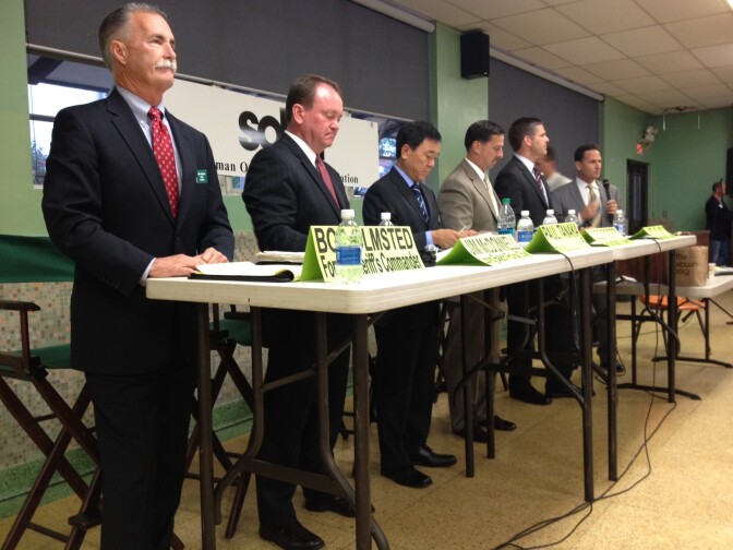 LA Sheriff candidates debated at Notre Dame High School in Sherman Oaks Wednesday: from left, Bob Olmsted, Jim McDonnell, Paul Tanaka, Todd Rogers, and James Hellmold.