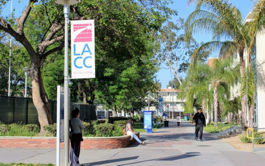A few people linger in Los Angeles Community College's courtyard