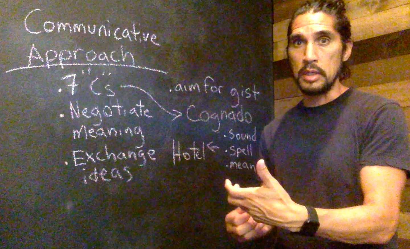 PCC professor Manuel Sanchez stands at a blackboard that checks the communicative approach of the app