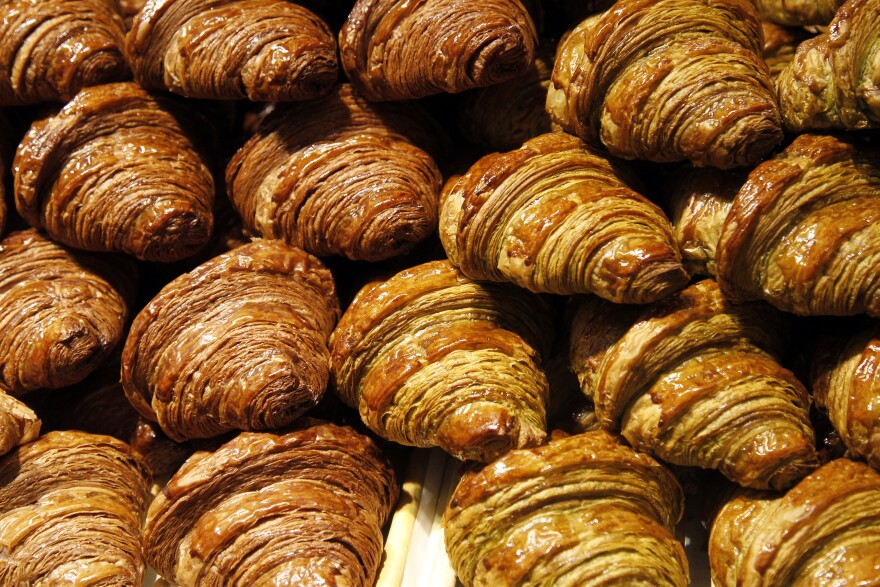Croissants with chocolate at a stand at the 17th Salon du Chocolat on October 20, 2011 in Paris.