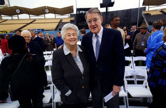 Former City Councilwoman Roz Wyman and former Dodgers owner Peter O'Malley at Dodger Stadium on May 2, 2012.