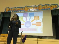 Michelle King, superintendent of the Los Angeles Unified School District, speaks during a town hall meeting at Gage Middle School in Huntington Park.