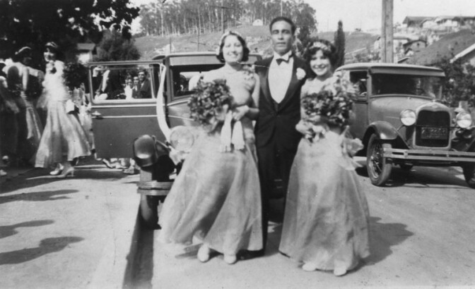 Flora Cano (left) with the best man and another bridesmaid at a wedding in Chavez Ravine in 1929. Courtesy of the Los Angeles Public Library