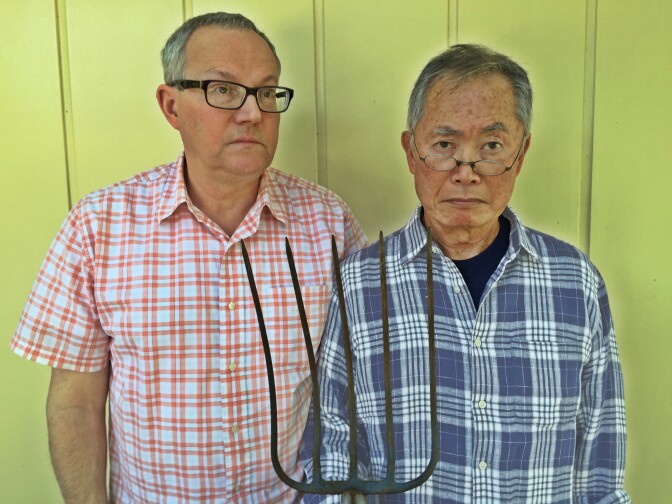 Brad and George Takei, posing in "American Gothic" style at their Hancock Park home just a few days before moving to New York for the duration of "Allegiance" on Broadway. It opens October 6.