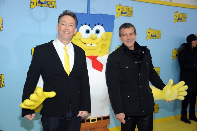 NEW YORK, NY - JANUARY 31:  Actors Tom Kenny, Spongebob and Antonio Banderas attend "The Spongebob Movie: Sponge Out Of Water" world premiere at AMC Lincoln Square Theater on January 31, 2015 in New York City.  (Photo by Brad Barket/Getty Images)