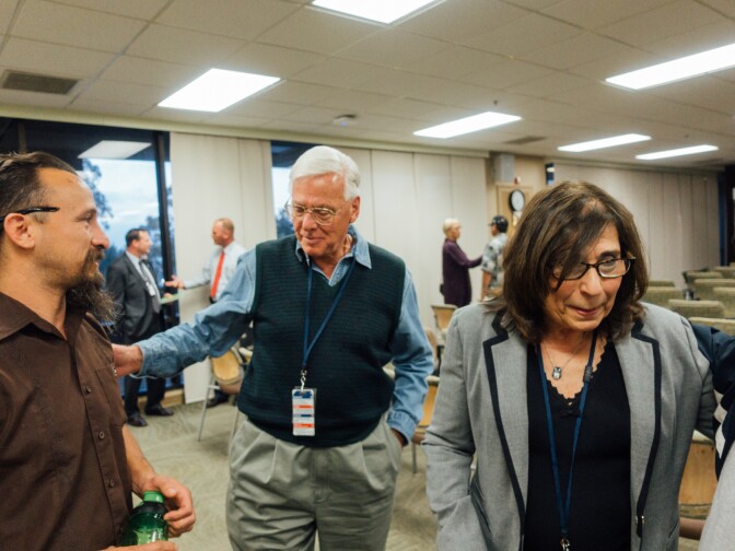 Jim Dwyer (center) and Leslie Martin (right) are co-founders of the West LA VA PTSD clinic slated to move from Building 256 to Building 401.
