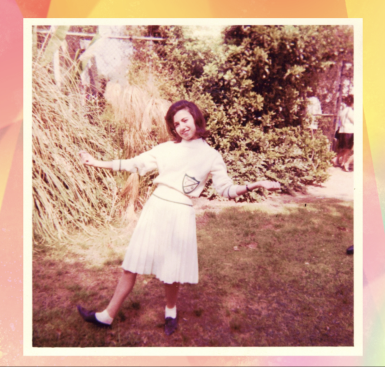 A vintage photo depicts a young woman in a white skirt and top and pointy 1960s-era shoes, with greenery in the background.
