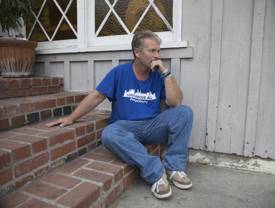 Bob Patterson's wife, Lisa, was killed during the Oct. 1 attack in Las Vegas. Patterson sits outside his home in Lomita, Calif. on Oct. 30, 2017.