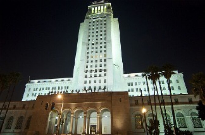 LA City Hall at night.