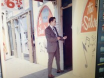 1970 photo of LA Co. Sheriff deputy Tom Wilson recreating tear gas projectile shot he fired that killed journalist Ruben Salazar.