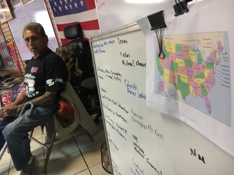 A map of the U.S. is posted at the Deported Veterans House in Tijuana, Mexico. The shelter has become a meeting place for dozens of veterans who fought for U.S. forces before getting deported to the country.