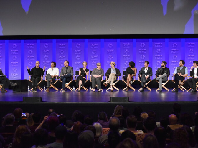 Moderator Tim Stack with the cast and creatives of "American Horror Story: Hotel" at PaleyFest L.A. 2016 at the Dolby Theatre on March 20, 2016 in Hollywood.