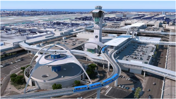 A rendering of the Automated People Mover shows the elevated tramway entering the terminals at LAX.