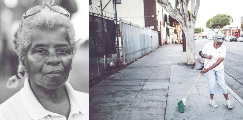 "B" sweeps up her area of Skid Row every day.