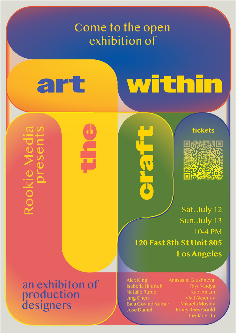 Colorful promotional poster for an open exhibition titled 'art within the craft,' presented by Rookie Media.