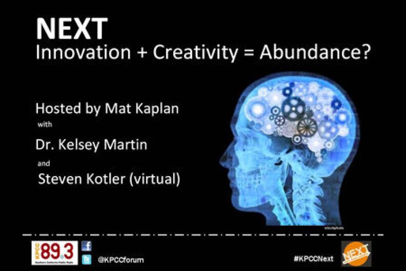 Mat Kaplan, host of SCPR’s program series, NEXT: People | Science | Tomorrow, Dr. Kelsey Martin, UCLA professor of biological chemistry, and Stephen Kotler, co-author fo "Abundance--The Future Is Better Than You Think" in conversation.