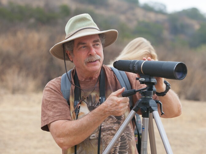 Birder Mark Osokow of the San Fernando Valley Audobon Society participates in a yearly bird count at the Chatsworth Nature Preserve Ecology Pond. He said with the current conditions on Thursday, July 16, 2015, the migrating birds are losing a stop they have used to refuel along their annual migration. The food source for the birds is burrowing deeper into the mud or drying up, which affects the food chain, he said.  