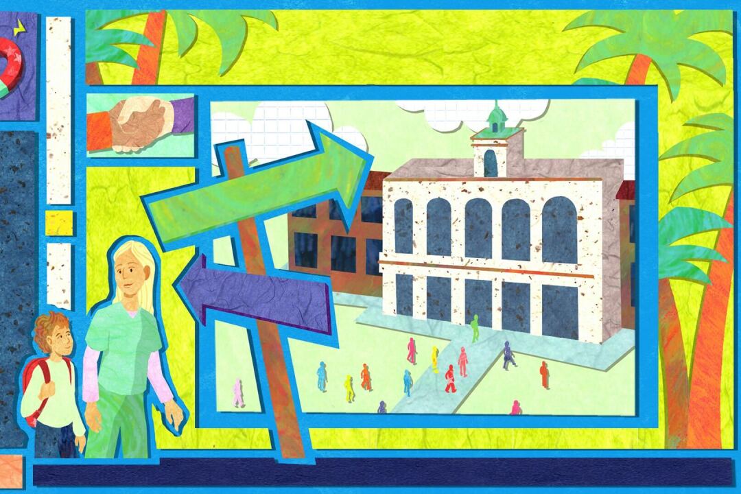 A bright illustration of a school, a parent walking with their child, a two-story tan building with arched windows, a magnet, a clipboard held by two hands and other school imagery.