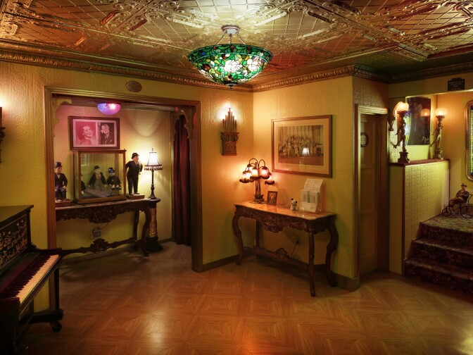 The entrance at the Old Town Music Hall, complete with Laurel & Hardy figurines. 