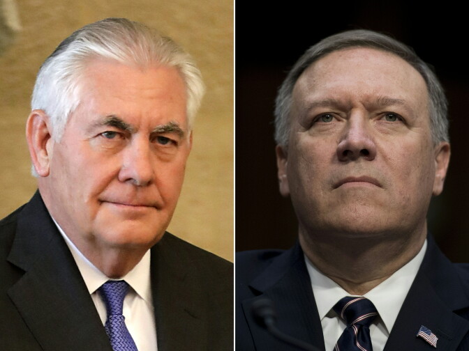 (COMBO) This combination of pictures created on March 13, 2018 shows then
US Secretary of State Rex Tillerson (L) on February 15, 2018 and then US Congressman Mike Pompeo, on January 12, 2017.
US President Donald Trump ousts top diplomat Rex Tillerson and named Mike Pompeo as he successor at the State Department. / AFP PHOTO / JOSEPH EID AND JIM WATSON        (Photo credit should read JOSEPH EID,JIM WATSON/AFP/Getty Images)