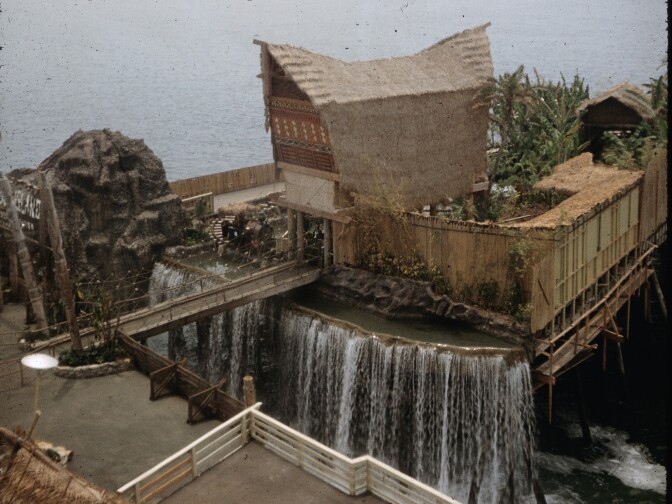 The entrance to the Banana Train ride at Pacific Ocean Park, which waited for guests at the end of the pier.