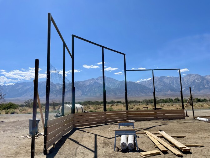 Wood lies on a dirt field with mountain peaks in the background.