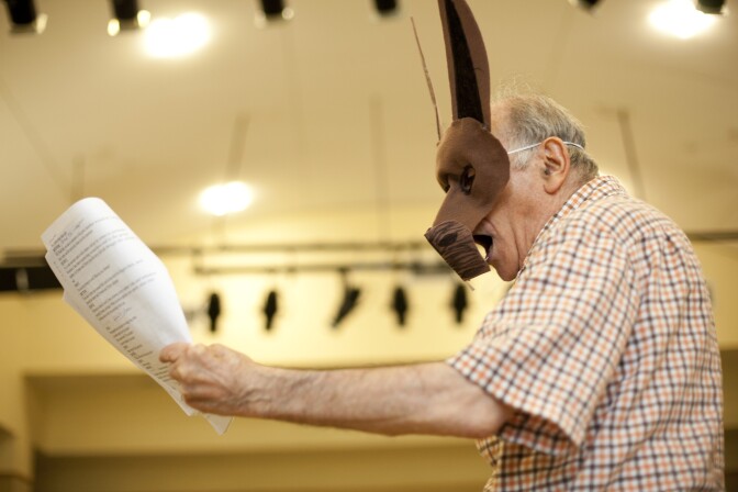 Harold Cherry rehearses as Bottom. 