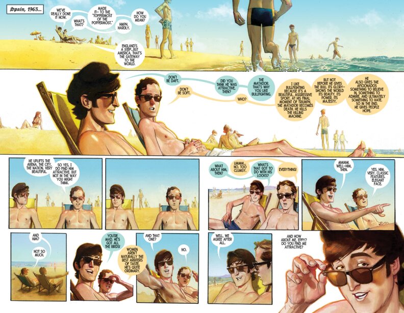 A two-page spread from graphic novel "The Fifth Beatle" about Brian Epstein and the Beatles.