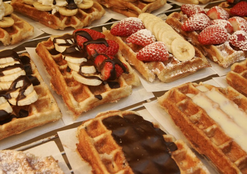 Belgian waffles are seen near la Grande Place on February 19, 2008 in Brussels, Belgium.