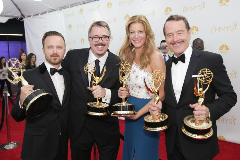 Aaron Paul and, from left, Vince Gilligan, Anna Gunn and Bryan Cranston pose with their awards for outstanding drama series for their work on "Breaking Bad" at the 66th Primetime Emmy Awards at the Nokia Theatre L.A. Live on Monday, Aug. 25, 2014, in Los Angeles.