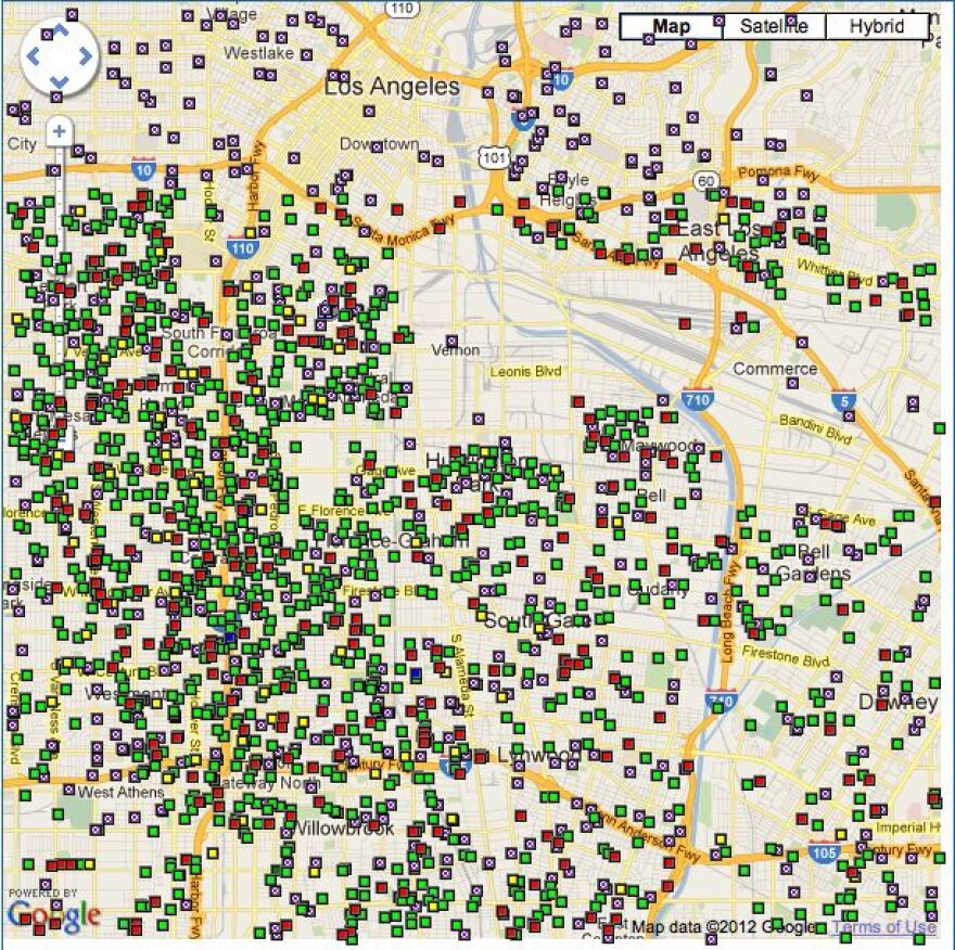 The National Sex Offender Registry marks the location of offenders against children, rapists, committers of sexual battery and offenders labeled "other." Pictured above is part of South Los Angeles.
