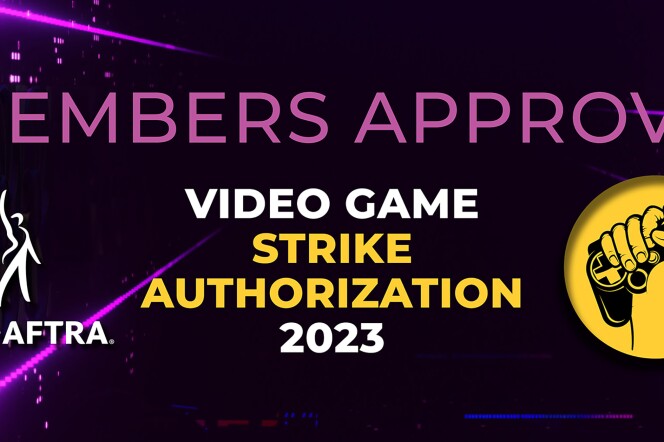 A SAG-AFTRA graphic that includes a hand holding a video game controller reads: "Members approve video game strike authorization 2023." 