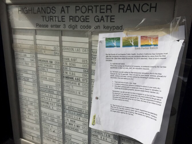 A sign posted outside a gated community call box in Porter Ranch warning of the gas leak problems. 