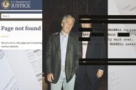 A white man stands with another man, both partially obscured by black bars and layered over a 'Page not found' error screen from the U.S. Department of Justice website