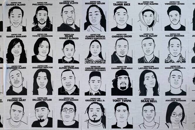 A series of black and white portraits all include the words "Justice for" and then the person's name.