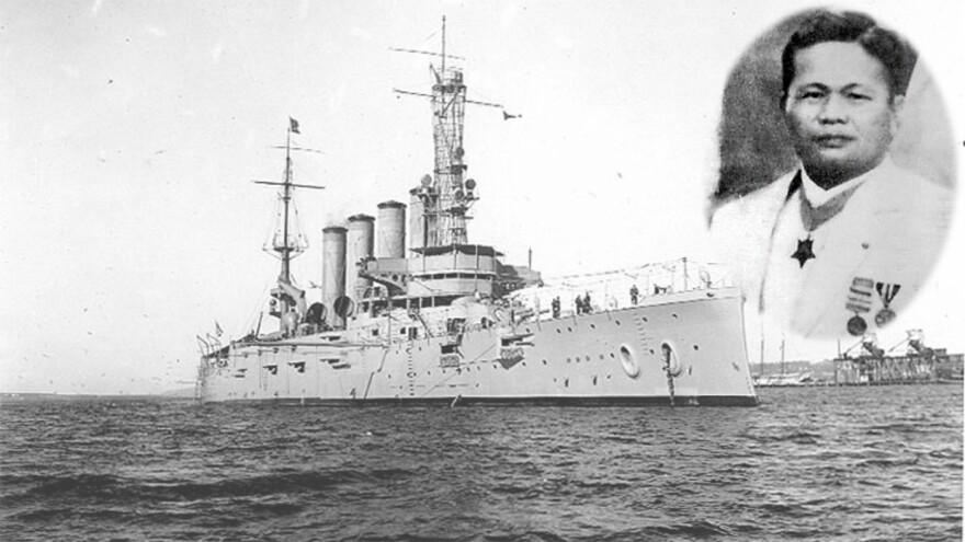 A black and white photo of the USS San Diego and an inset photo of Telesforo Trinidad, who in 1915 saved two crewmates during a boiler explosion.