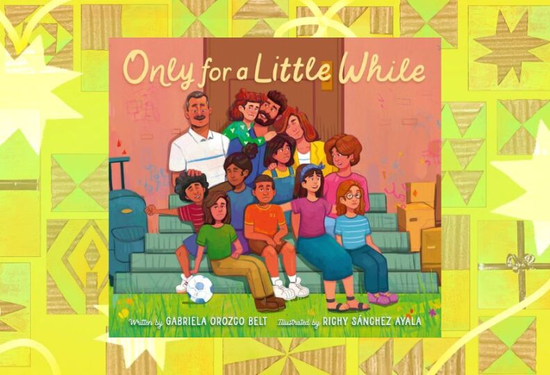 A photograph of a bookcover, which portrays the front porch of a home, and the steps are filled with family members of all ages. Some look happy, some look skeptical. A suitcase is nearby, as well as moving boxes, suggestive that someone has just moved in. The image is set against a decorative lime green background accented with stars, gift boxes and strands of ribbon.
