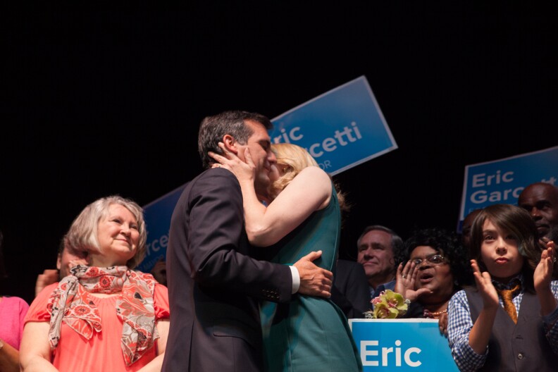 Eric Garcetti hugs his wife Amy Wakeland after his speech at the Palladium in Hollywood, Calif. on May 21st, 2013.