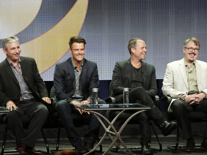 (l-r); David Shore, Executive Producer; Josh Duhamel; Dean Winters; Vince Gilligan, Executive Producer of BATTLE CREEK during the TCA Summer Press Tour 2014, held on July 17th in Los Angeles, Ca.  Photo: Monty Brinton/CBS ©2014 CBS Broadcasting, Inc. All Rights Reserved