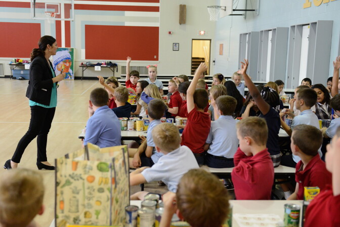 FAIRLAWN, OH - MAY 24:  Shelly Hinton, Vice President of Akron-Canton Regional Food Bank, speaks to students at Saint Hillary School about the Hungry To Help Lesson Plan on May 24, 2017 in Fairlawn, Ohio.  (Photo by Duane Prokop/Getty Images for Feeding America)