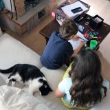 ROME, ITALY - MAY 13: Isabella and Simone are seen as they attend an online school lesson on May 13, 2020 in Rome, Italy. The Perrotta - Repetto family is made up of Paola Perrotta, a 40-year-old press officer, her husband Mattia Repetto, a 42-year-old journalist, and their two children, 10-year-old Isabella and 5-year-old Simone. Paola and Mattia work from home in front of a computer all day, at the same time taking care of the children, who require online teaching for part of the day while the schools remain closed. As restrictions are lifted and some Italians are allowed to return to work, schools and daycares remain closed, leaving working parents in a difficult situation. This especially affects mothers, who, according to gender inequality studies, are more often caregivers in Italy's patriarchal society and must choose between their children and their careers. (Photo by Marco Di Lauro/Getty Images)