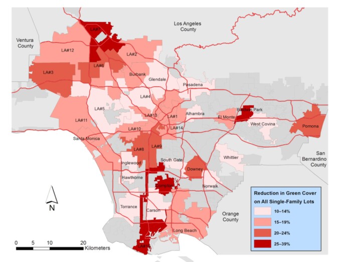 Green cover for single-family homes fell in the LA area, thanks to add-on construction or mansionization.