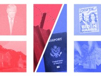 This is a red white and blue photo illustration. On the left are two red boxes. The top left features Donald Trump, and the bottom left is a picture of a house. In the middle is a rectangle split into red and blue triangles. The red triangle features barbed wire, and the blue triangle features a US passport. On the right are two blue boxes. The top right features a Biden / Harris campaign poster, and the bottom right features a photo of an American money spread.