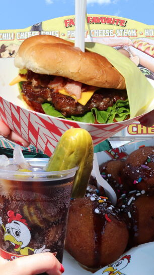A Dr Pepper with a pickle in it, fried Oreos with chocolate syrup and sprinkles and a bacon cheeseburger with peanut butter and jelly.